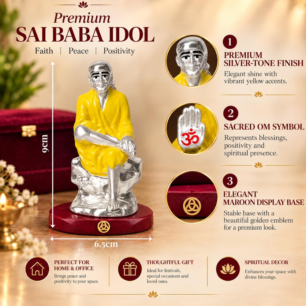 DIVINITI 999 Silver-Plated Sai Baba Idol | Shirdi Sai Murti for Home, Office & Pooja Mandir | Diwali, Housewarming & Spiritual Gift with Premium Gift Box | 9 x 6.5 CM