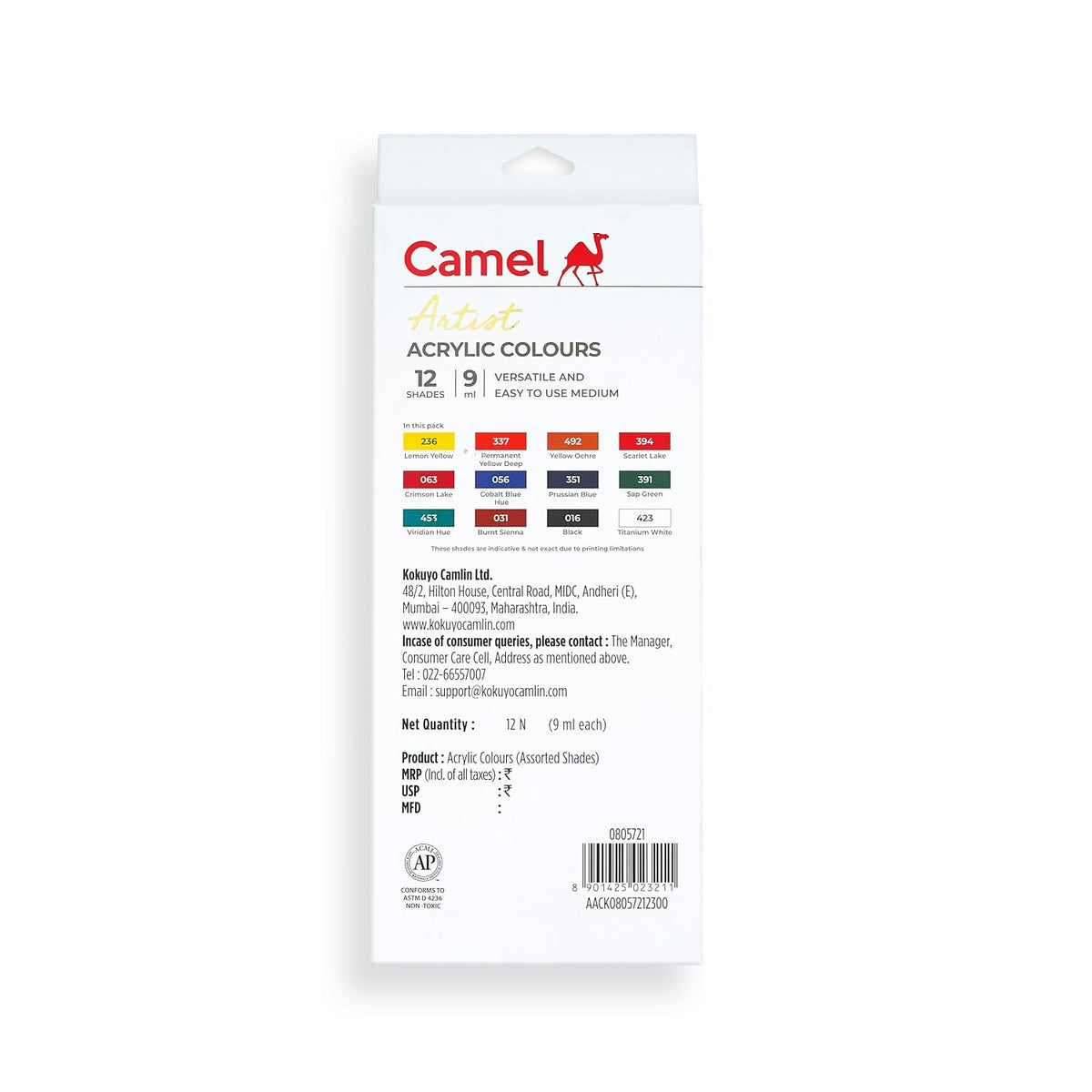 Camel 805721 Kokuyo Acrylic Color Box - 9ml Tubes, 12 Shades