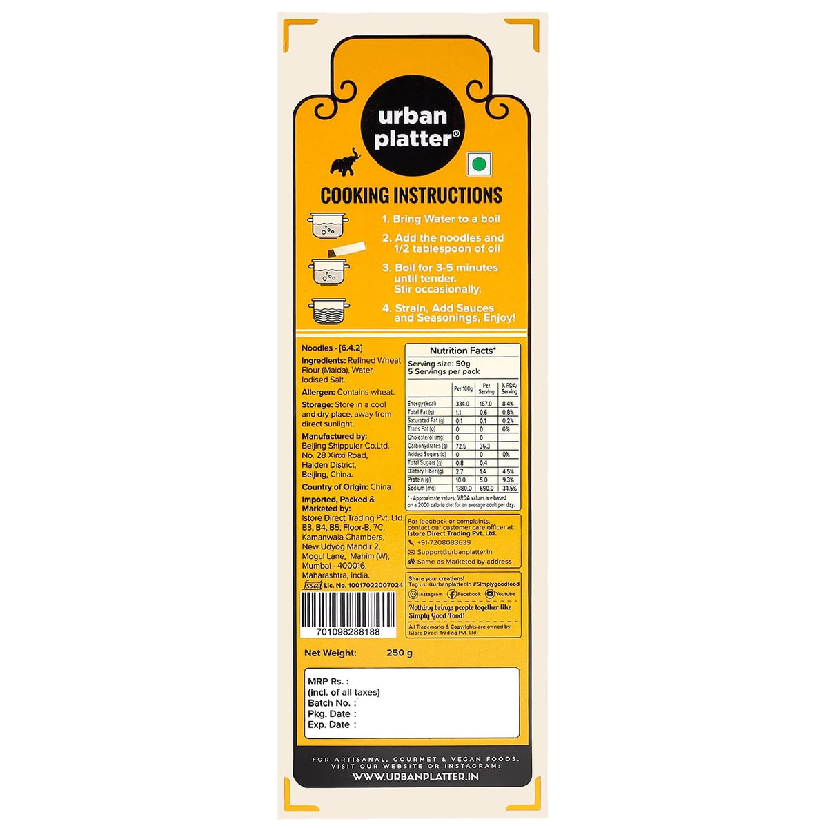urban platter Udon Noodles, 250G (Thick Wheat Noodles, Ideal For Asian Preparations, No Added Preservatives), Preservative Free, 0.25 Kg