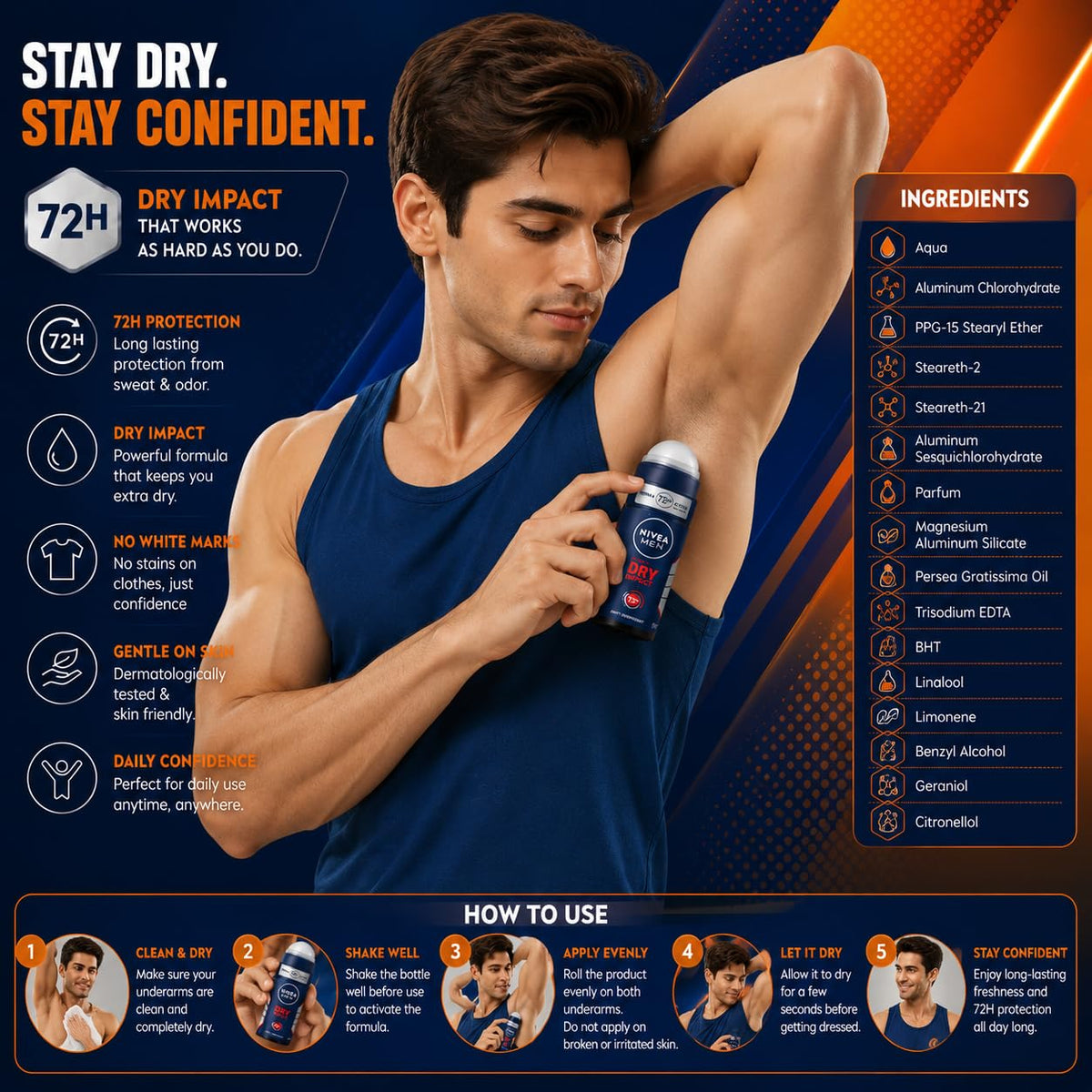 Nivea Men Dry Impact 72H Anti-Perspirant Roll-On 50ml | Powerful Sweat Control & Odor Defense | Fresh Masculine Fragrance Daily Deodorant for Men