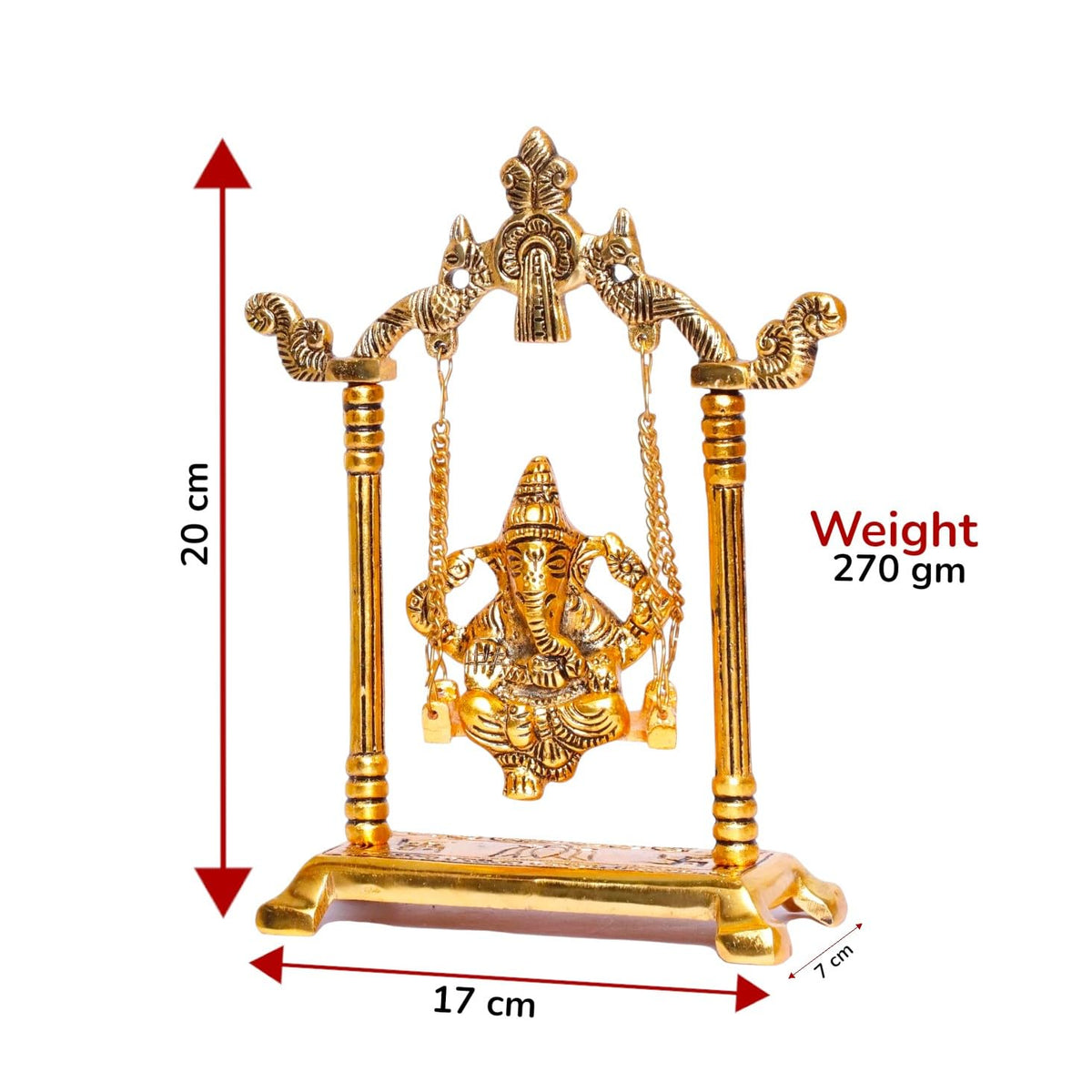 KridayKraft Ganesh Ji Jhula Idol,Ganpati Idol On Swing Jhula For Temple Pooja,Ganesh Metal Statue Home,Office & Table, Gold