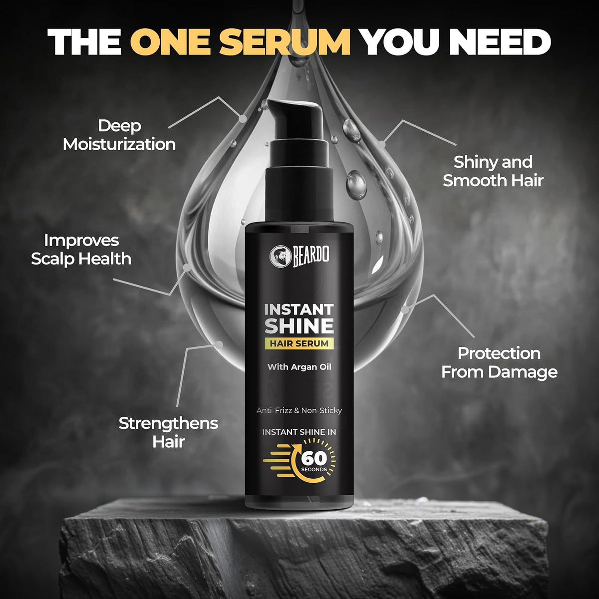 Beardo Instant Shine Hair Serum for Men – 50ml | Instant Shine & Anti-frizz with Argan Oil, Made for Men's Hair, Super Light-weight | Provides shine, smoothness and damage protection | Frizz-Free Hair Serum for Men