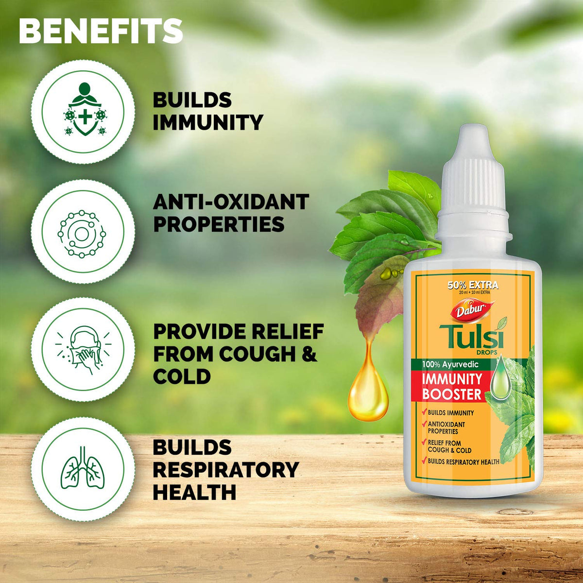 Dabur Tulsi Drops : 30ml (20ml + 10ml Free) | Contains Extracts of 5 Rare Tulsi | Boosts Immunity | Cough And Cold Relief | 100% Ayurvedic | Builds Respiratory Health (Pack of 2)