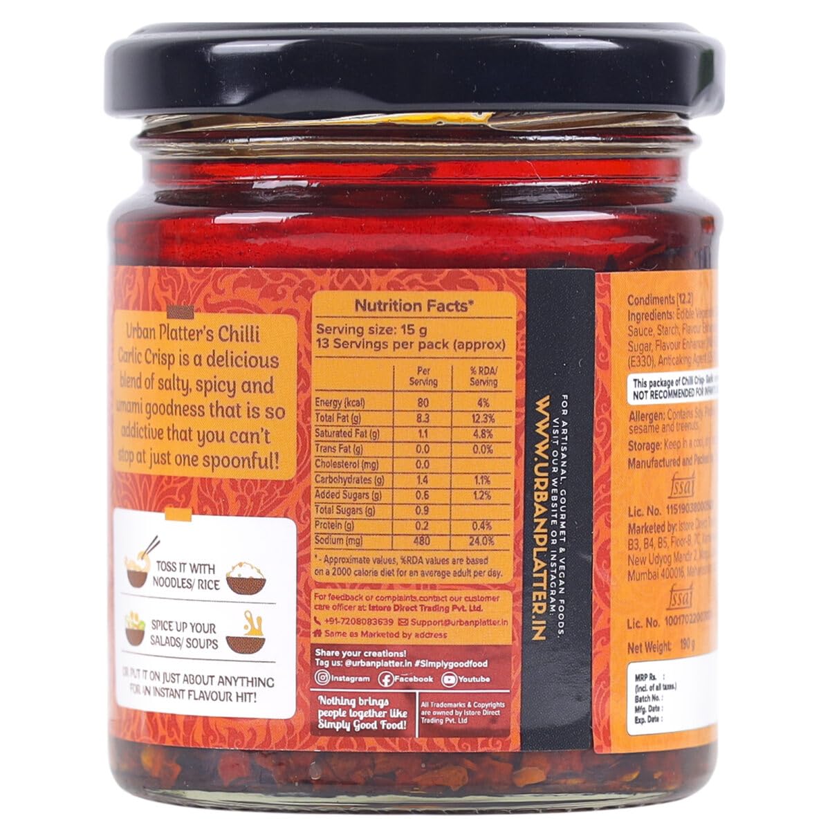 Urban Platter Chilli Garlic Crisp, 190g (Crunchy Chilli and Garlic in Sunflower Oil | Versatile Condiment | Spicy | Savoury)