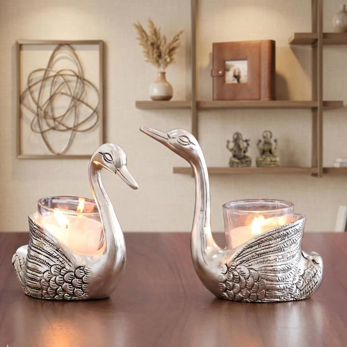 KridayKraft Aluminium Pair of Swans for Good Luck and Love | Candle Holder for Home Decor Tabletop | Showpiece for Gifting Anniversary Valentine's Day (Votive Candle Holders)