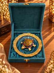 KridayKraft Multicolour Stone-Studded Gold Tortoise Showpiece with 14 cm Designer Tray and Luxury Dark Teal Blue Gift Box, Tabletop Décor for Home, Office, Wedding, Anniversary and Housewarming Gift