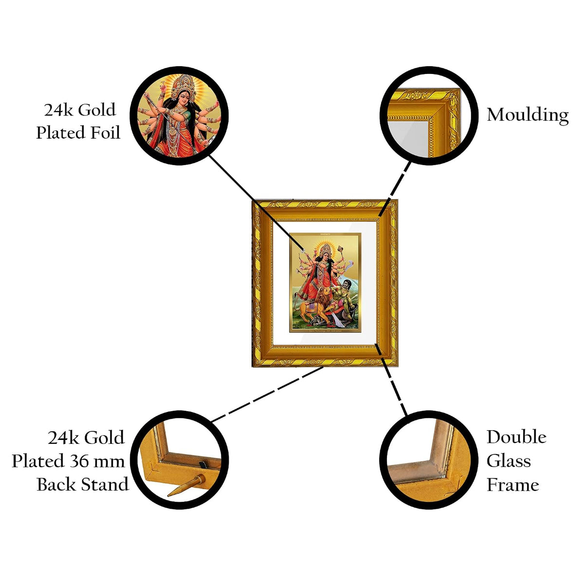 Diviniti Goddess Durga Gold Plated Wall Photo Frame, Table Décor| DG Frame 103 Size 1 and 24K Gold Plated Foil| Religious Photo Frame Idol For Pooja, Gifts Items (16.5 CM X 15.5 CM)
