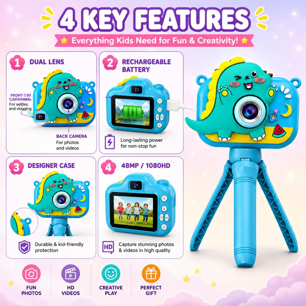 Toy Imagine Dino Design Kids Digital Camera, Color Assorted