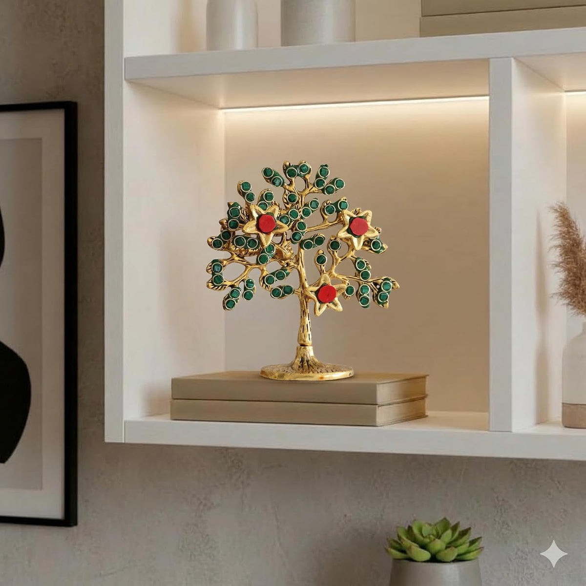 KridayKraft Metal Kalpavriksha Tree for Home Decor - Golden Wish Fulfilling Tree Metal Showpiece for Temple, Vastu, Office Table & Gifting Banyan (No 1 Golden with Stone)