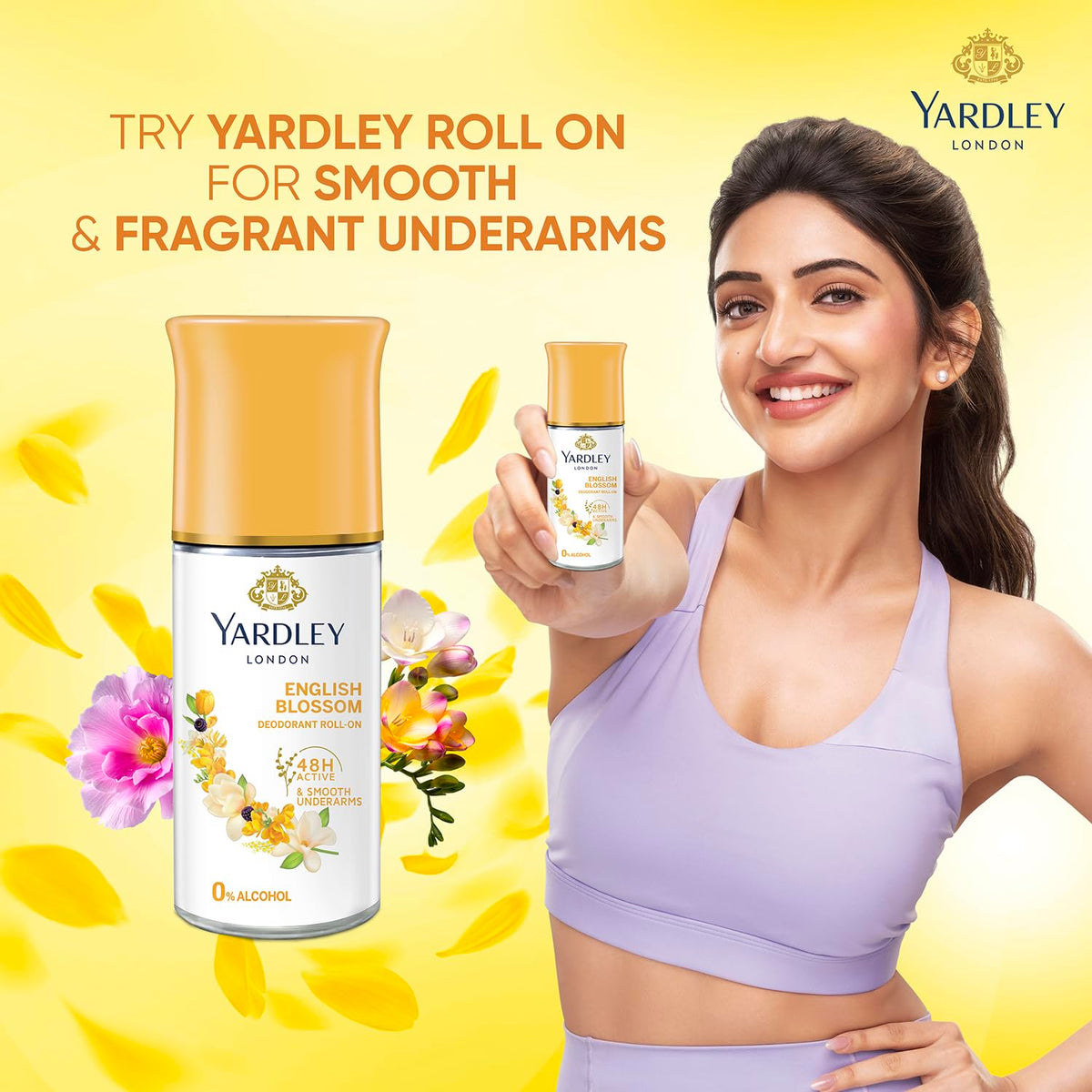 Yardley London English Blossom | Underarm Deodorant Roll On| With Licorirce Extract & Floral Extracts | Smooth & Eventoned Underarms | 72 H Long Lasting Floral Scent| 0% Alcohol & Dermat Approved | For Women | 50ml