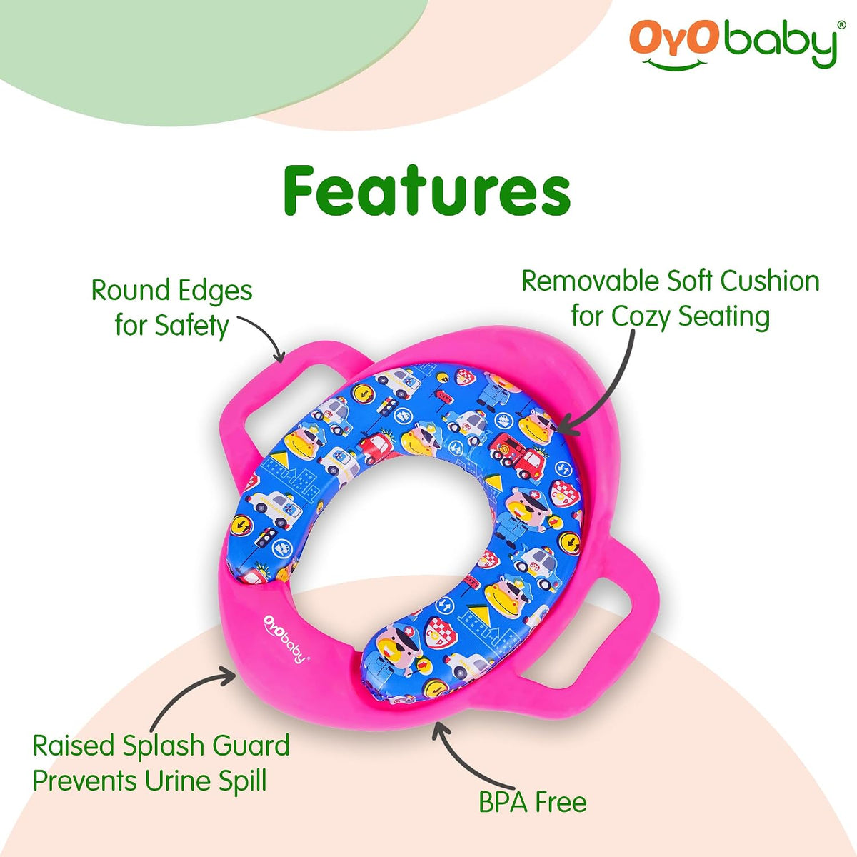 OYO BABY Cushioned Baby Potty Training Seat | Portable Toilet Seat for Child 1 + Years | Soft & Comfortable Potty Seat with Handles | Easy to Clean | Toddler Toilet Seat
