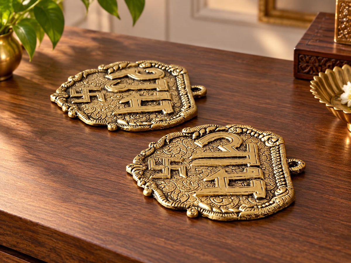 Kridaykraft Metal Shubh Labh Wall Hanging, Golden, Decorative Door Hanging, Swastik Design, 11 cm, 80 gm