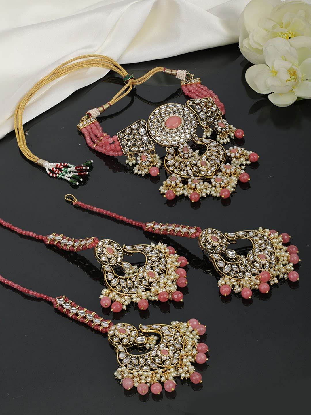 Priyaasi Pink Pearls Beads Kundan Gold Plated Traditional MaangTika Choker, One Size (NL-PR-10407)