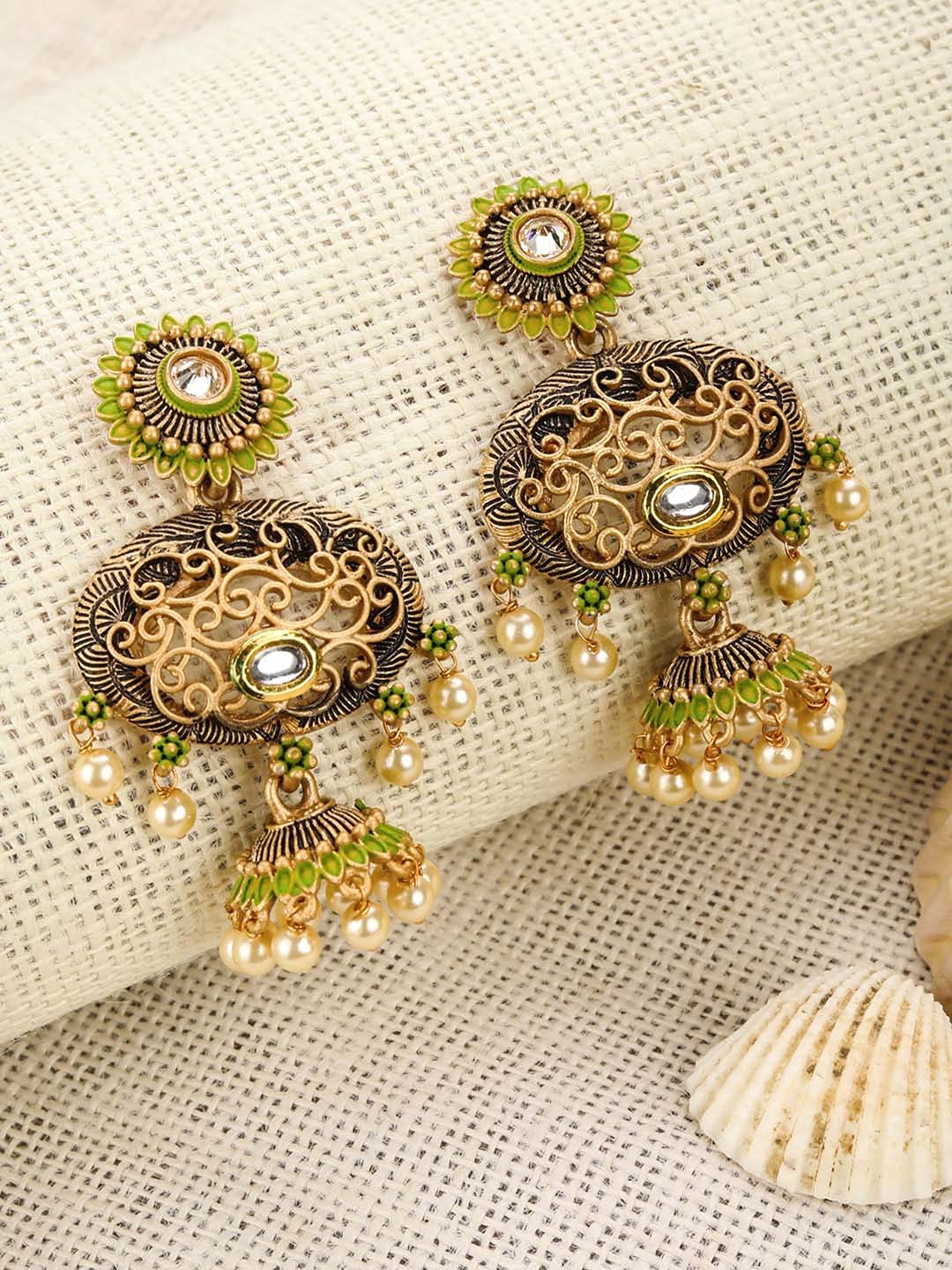 Priyaasi Green Kundan Beads Gold Plated Jhumka Earring, One Size (EAR-PR-50694)