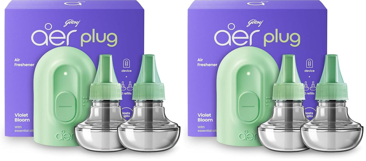 Godrej aer Plug Electric Air Freshener (Machine + 2 Refills (20Ml each) | Violet Bloom | Lasts up to 120 days,Solid (Pack of 2)