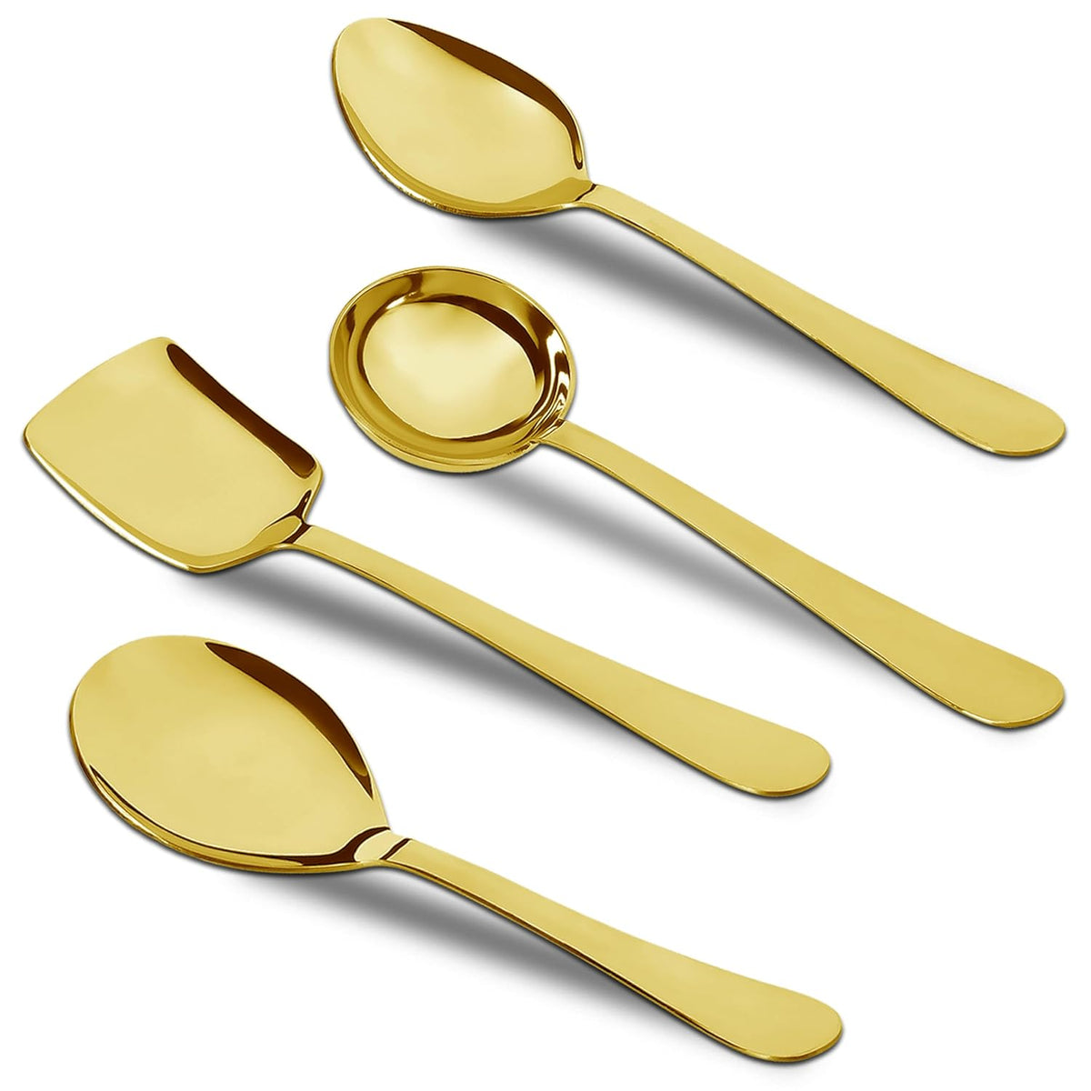 Parage 5 Pieces Stainless Steel Serving Spoons Set of 5 for Dining Table/Kitchen, 1.8 mm Heavy Gauge (2 Soup Ladle/Karchi, 1 Deep Turner, 1 Solid Spoon (Chamcha), 1 Rice Spoon) (Steel Gold, Pack of 5)