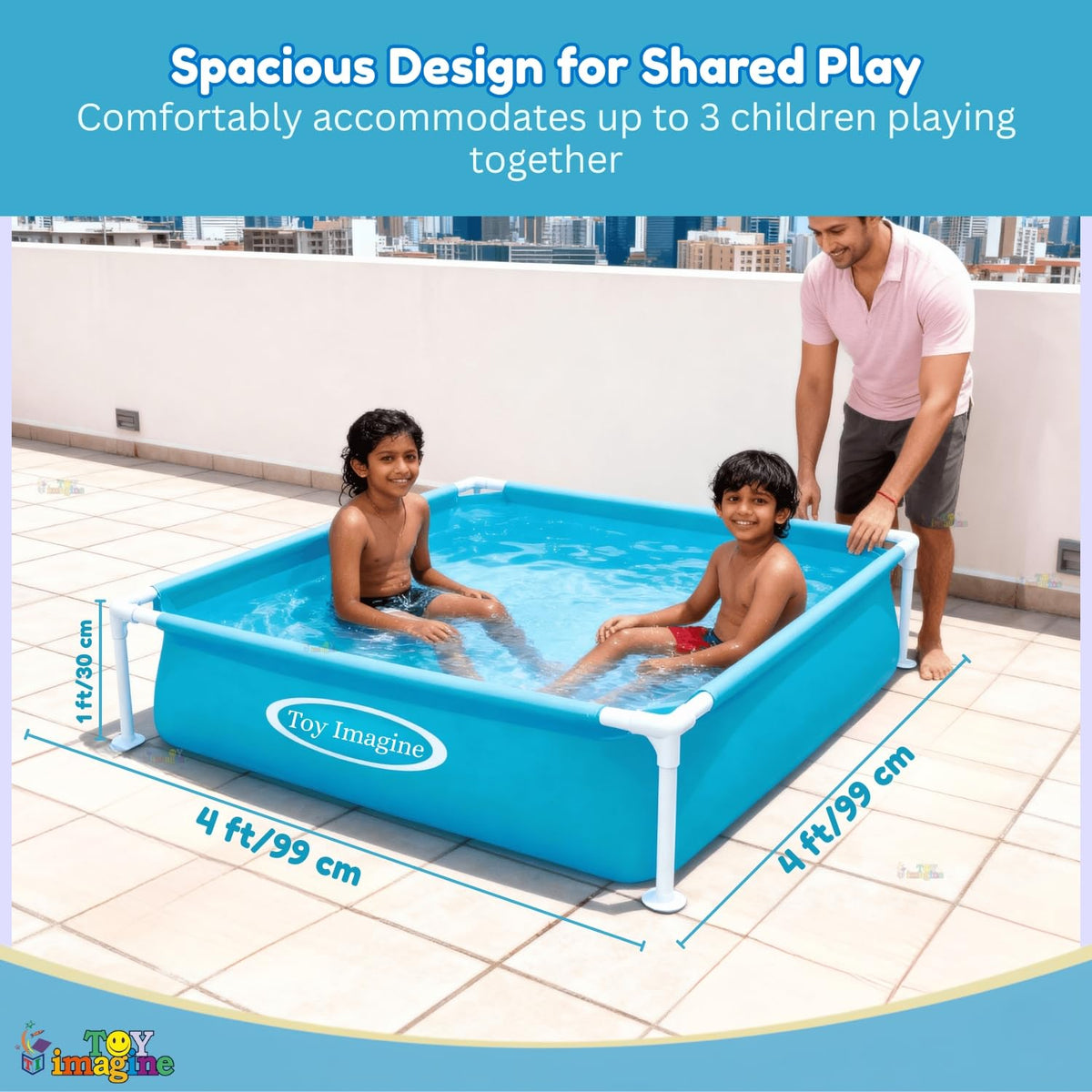 Toy Imagine Mini Frame Pool Square Kids Portable Above-Ground Kiddie Pool, Steel Frame PVC Liner, Easy Setup Backyard Splash for Toddlers & Family (48" L x 48" W x 12" H)