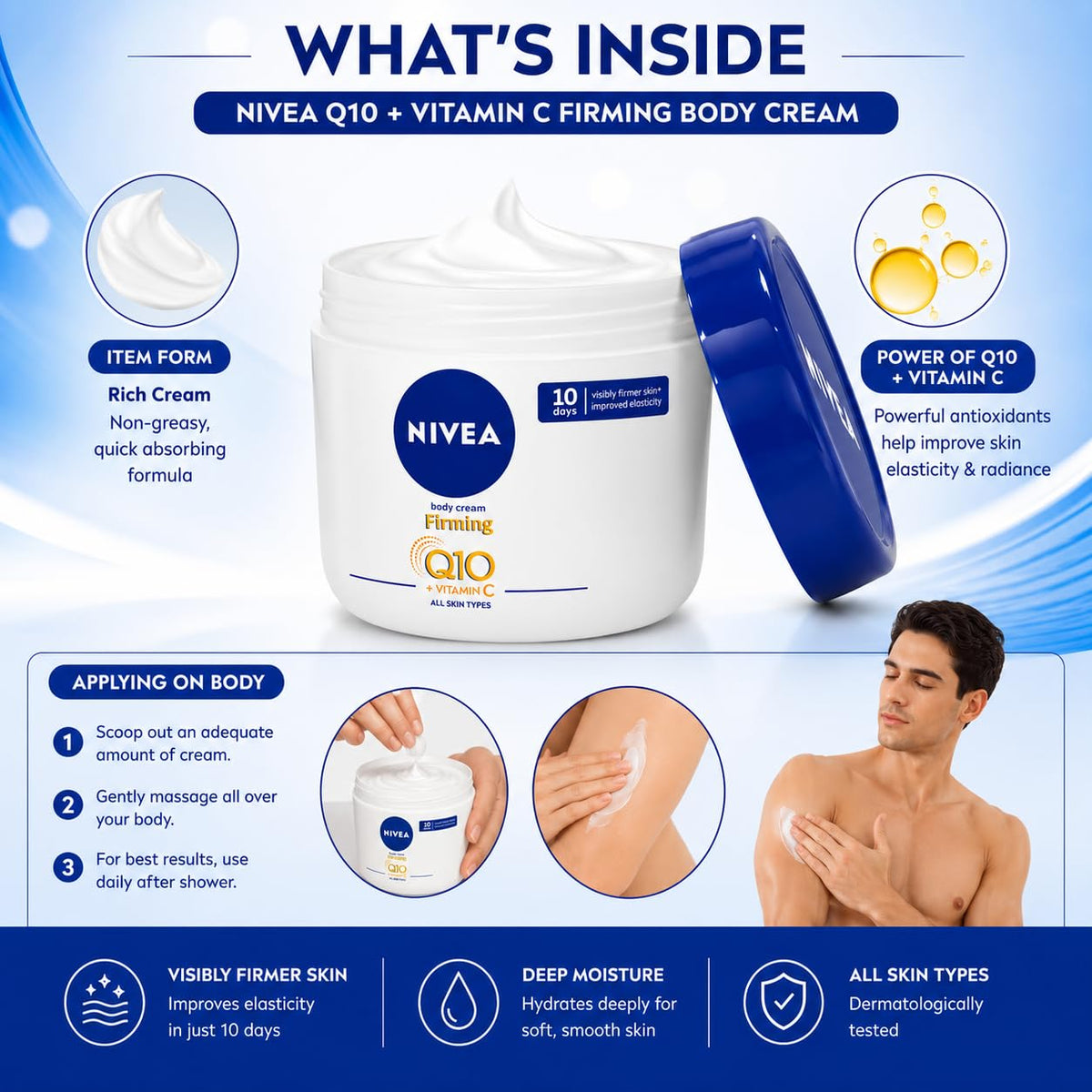 NIVEA Firming Body Cream with Q10 & Vitamin C, 48H Intensive Moisture, Helps Improve Skin Firmness & Elasticity, for All Skin Types, 400 ml