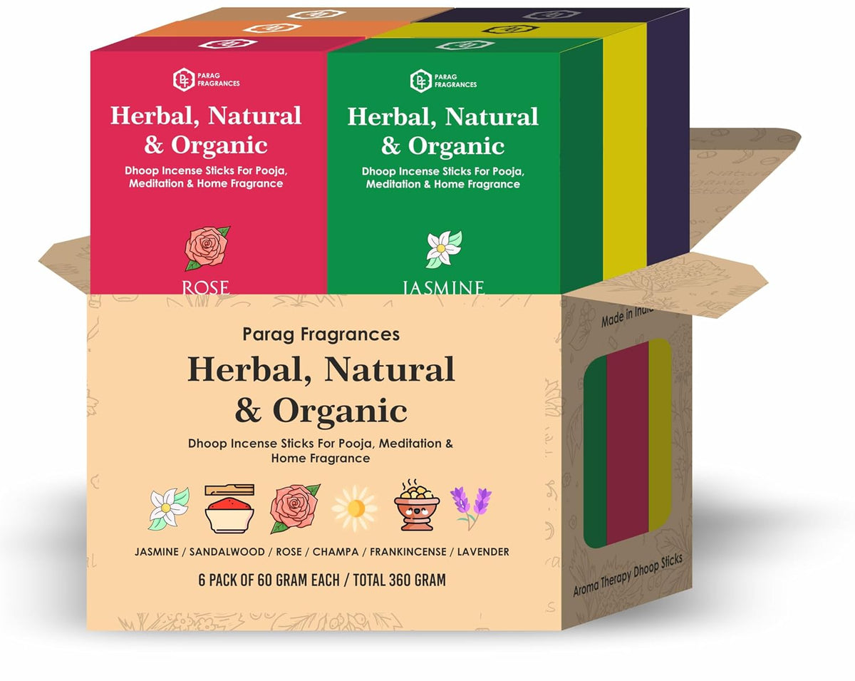 Parag Fragrances Herbal, Natural and Organic Dhoop Sticks 360gram (6Pc x 60Gram Each) 200+ Sticks/Rose, Jasmine, Lavender, Sandalwood, Champa & Frankincense/Charcoal, Bamboo & Chemical Free
