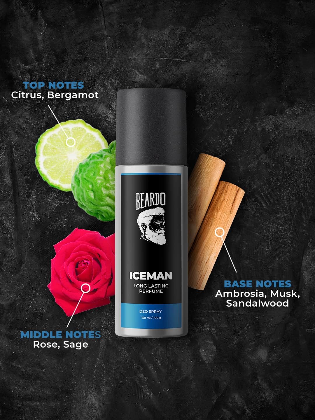 Beardo ICEMAN Body Spray for Men | Long Lasting Deodorant | Fragrance Body Spray | Amber Woody, Aromatic Fresh | Gift for Men & Friends | 150ml