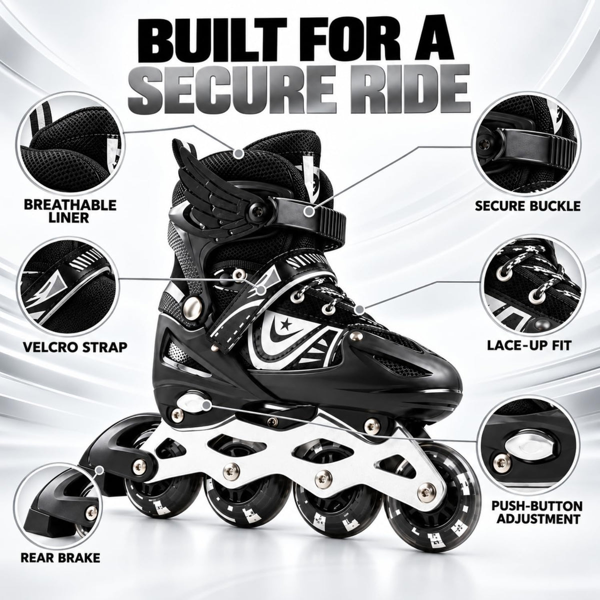 Toy Imagine Adjustable Inline Skates for Kids & Adults, Ages 6-18, Black