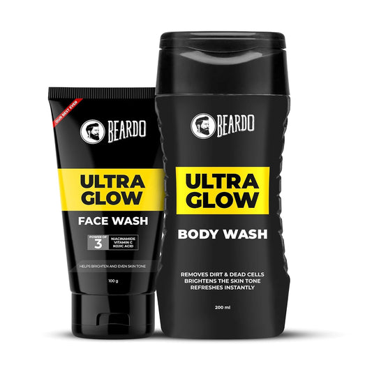 Beardo Ultra Glow Bodywash 200ml & Facewash 100g Duo | Hydrated and Refreshing Skin | Brightening and Glowing Skin | Deep Cleansing & Nourishment | Suitable for All Skin Types - Set of 2