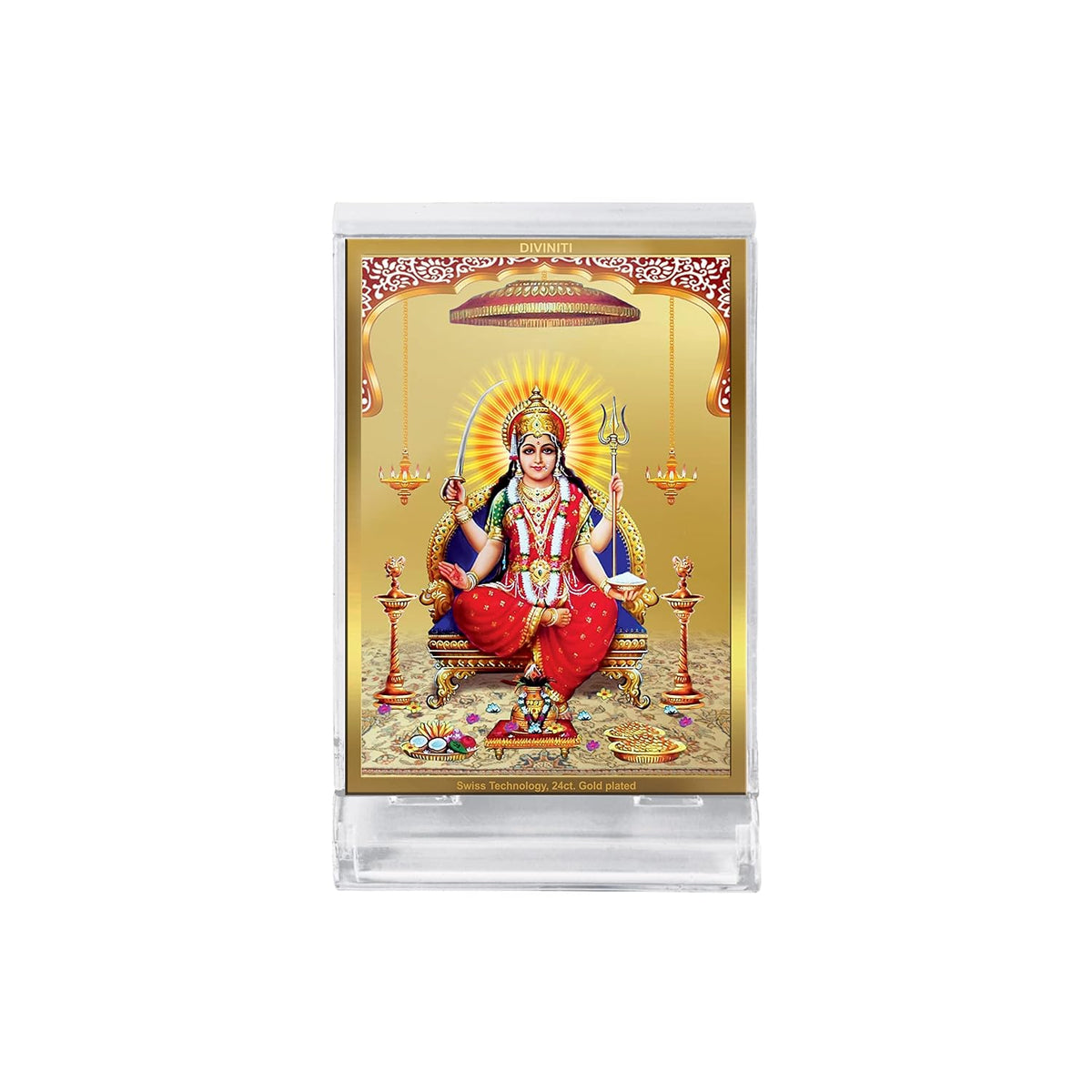 DIVINITI Santoshi MATA Photo Frame for Car Dashboard, Car Idol, Table Decor|ACF 3 Acrylic Car Frame with 24K Gold Plated Foil|Religious Frame for Pooja, Prayer and Gift (11X6.8 CM)
