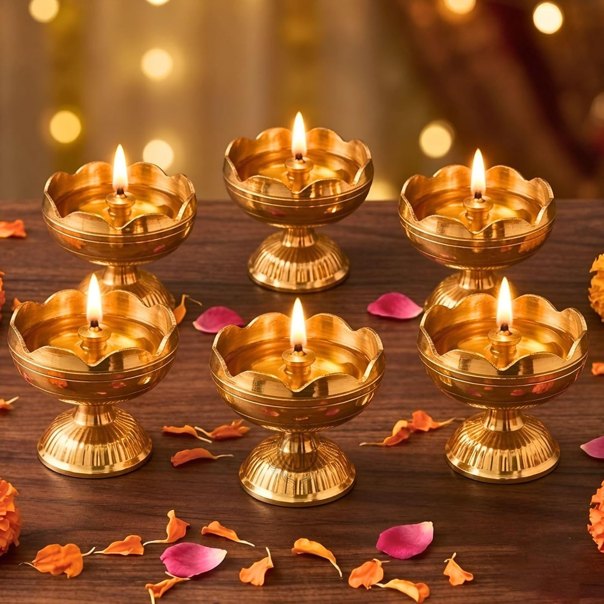 DSH Brass Diya Pure Brass Traditional Oil Puja Lamp for Temple, Mandir, Festival Decoration, Home Decor & Diwali Gift (Flower Bloom, Set of 6)