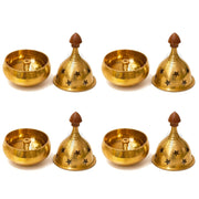 DSH Brass Diya Pure Brass Traditional Oil Puja Lamp for Temple, Mandir, Festival Decoration, Home Decor & Diwali Gift (Star Dome, Set of 4)