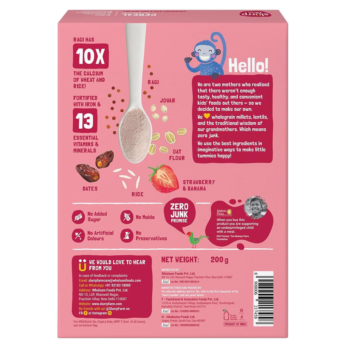 Slurrp Farm Cereal, Ragi, Rice and Strawberry with Milk, Instant Healthy Food, NO Added Sugar, Mildly Sweetened with Date Powder, 200 g