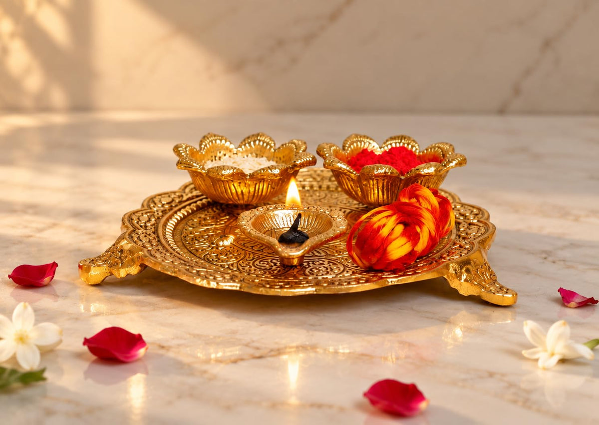 KridayKraft Metal Pooja Thali with Diya for Pooja Home/Temple/Mandir,Decorative Showpiece Pooja Thali Set for Diwali Poojan Wedding Gift Article