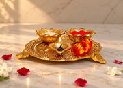 KridayKraft Metal Pooja Thali with Diya for Pooja Home/Temple/Mandir,Decorative Showpiece Pooja Thali Set for Diwali Poojan Wedding Gift Article