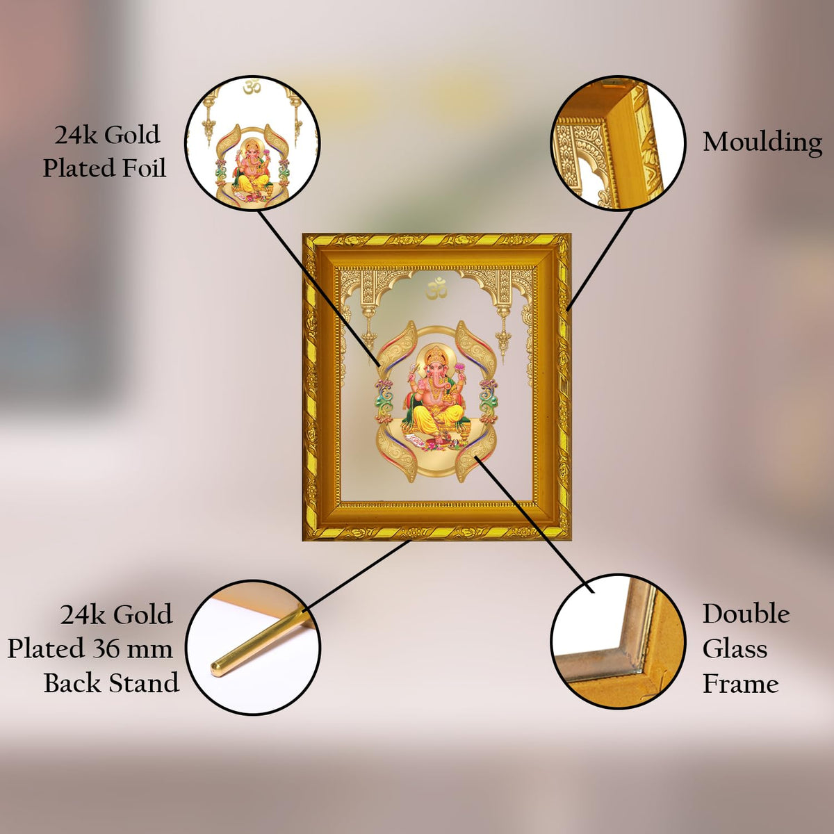 Diviniti 24K Gold Plated Ganesha Photo Frame for Home Decor and Tabletop| DG 103 Size 1 Royal Wall Frame with 24K Gold Plated Foil| Religious Frame for Puja, Festival Gift (15 CM x 13 CM)