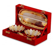 DSH Silver and Gold Plated Floral Bowl Set with Serving Spoons and Tray Used for Dry Fruit, Sweets Home Decor Item with Velvet Box