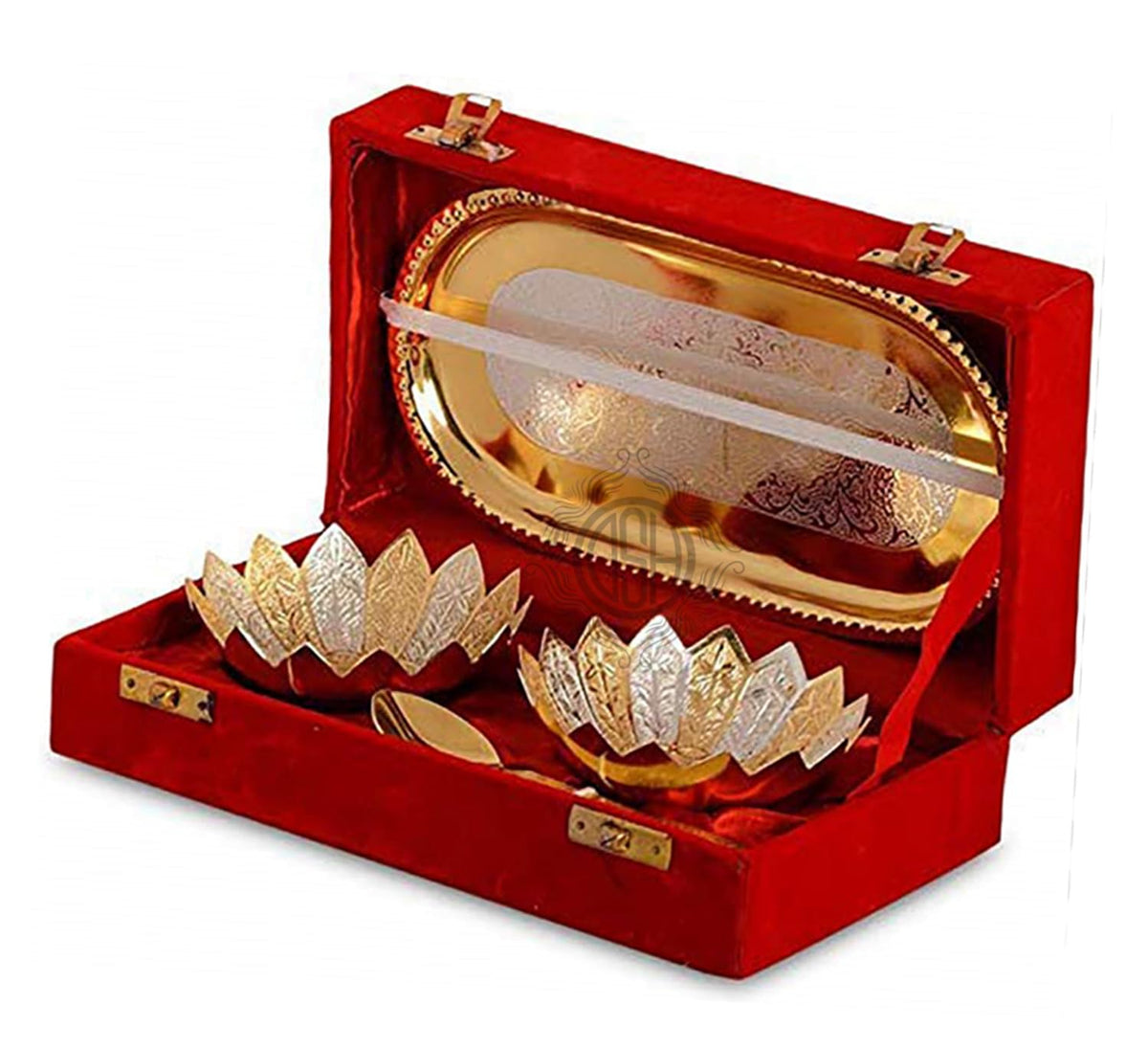 DSH Silver and Gold Plated Floral Bowl Set with Serving Spoons and Tray Used for Dry Fruit, Sweets Home Decor Item with Velvet Box