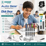 Hauser Auto Gear 0.7mm Mechanical Pencil - Pack of 4 | Click Once & Keep Writing | Extra Dark & Breakage Resistant 2B Lead | Eraser At The Top For Quick-Erasing | 10 FREE 2B Leads With Each Pack