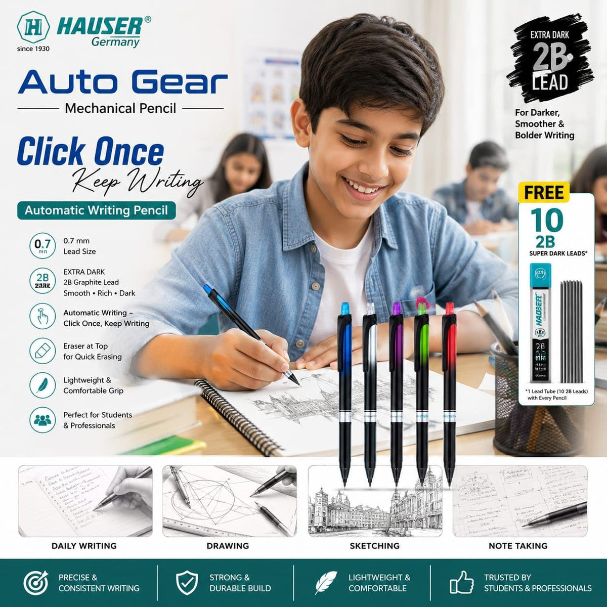 Hauser Auto Gear 0.7mm Mechanical Pencil - Pack of 4 | Click Once & Keep Writing | Extra Dark & Breakage Resistant 2B Lead | Eraser At The Top For Quick-Erasing | 10 FREE 2B Leads With Each Pack
