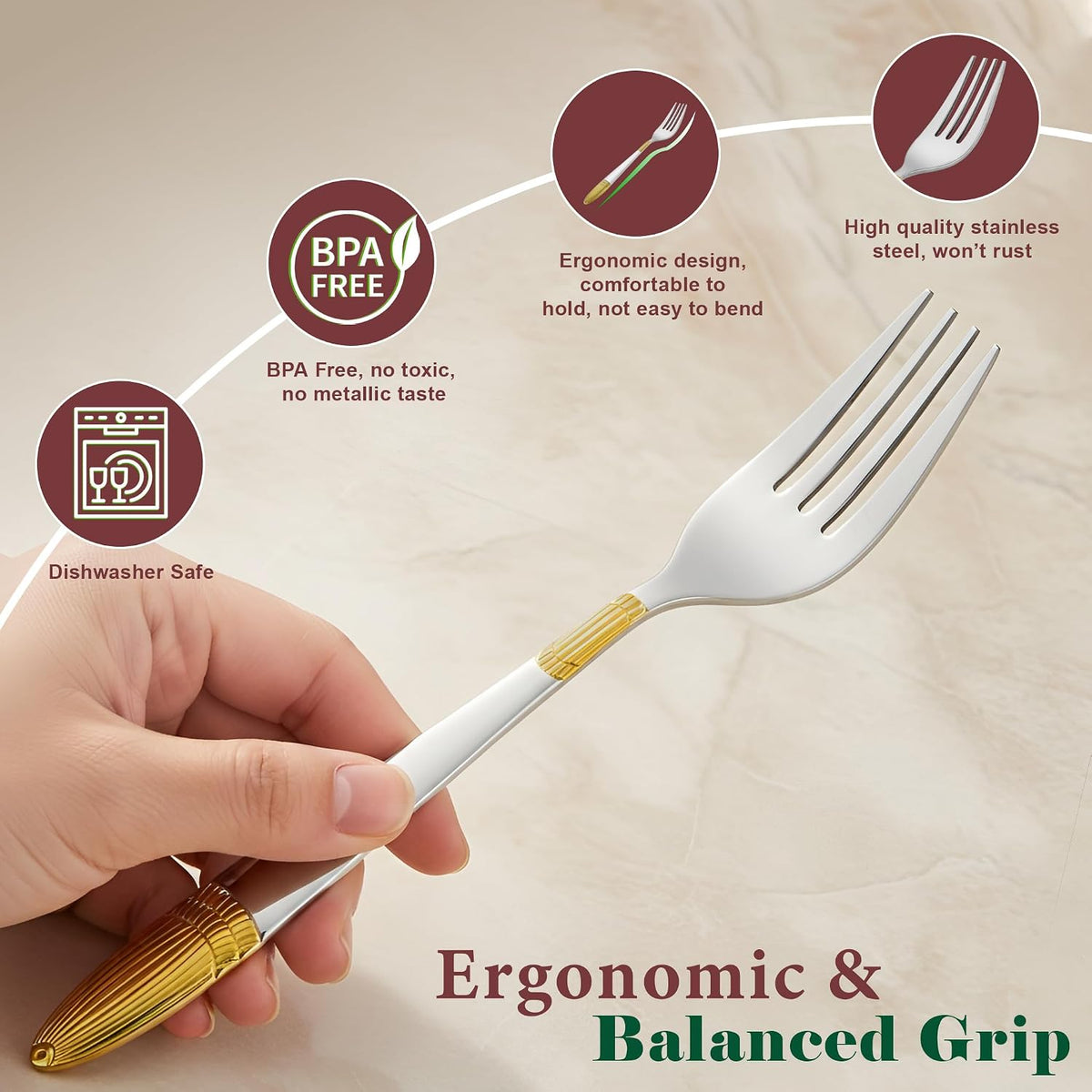Parage 6 Pieces Stainless Steel 24k Golden Forks Set, 18 cm Long, Premium Cutlery for Home & Kitchen, Luxury Dining Tableware Gift for House Warming,24 Karat Gold Plated Table Forks, Ivory Design