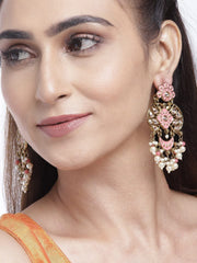 Priyaasi Gold-Plated Stone Studded Drop Earrings with Pearl Drop in Peach Color