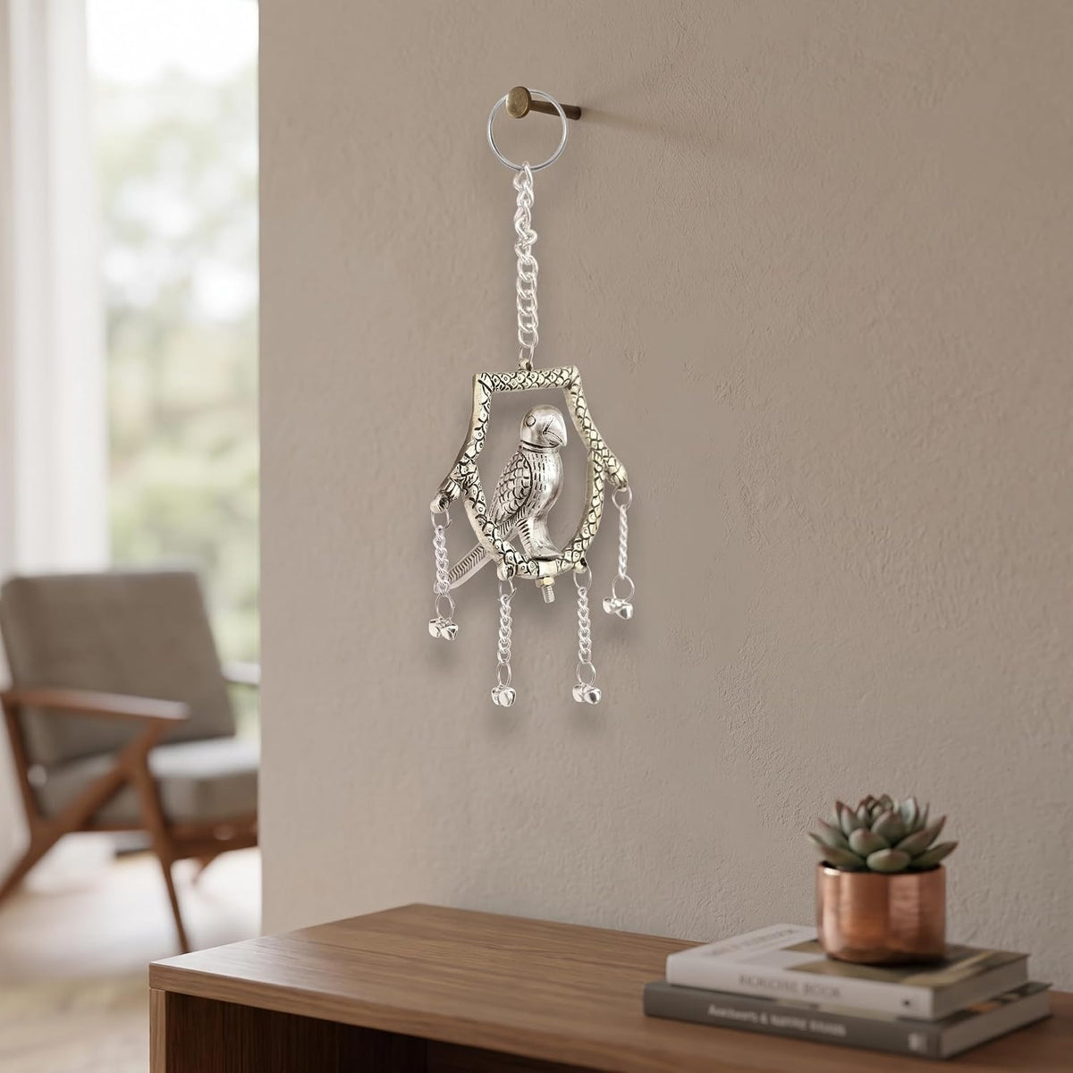 KridayKraft Silver Plated Tikona Parrot Metal Hanging Décor with Chains and Bells | Traditional Indian Wall Hanging Showpiece for Living Room, Home Entrance & Vastu (22 cm x 12 cm)
