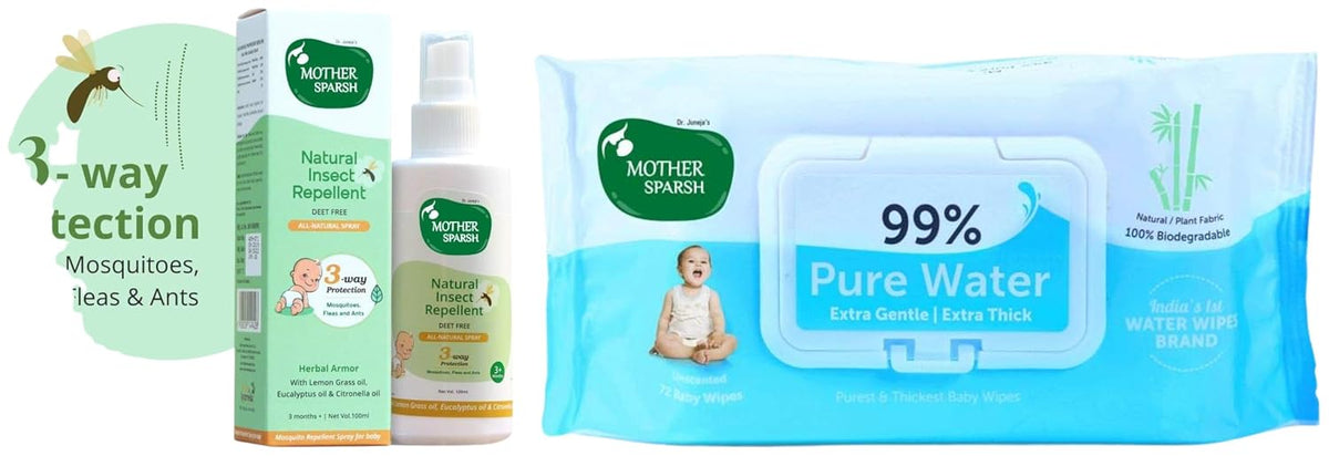 Mother Sparsh Insect repellant Natural Baby Care 100 ml & Baby Wipes Pure Water 72 Pack of 1