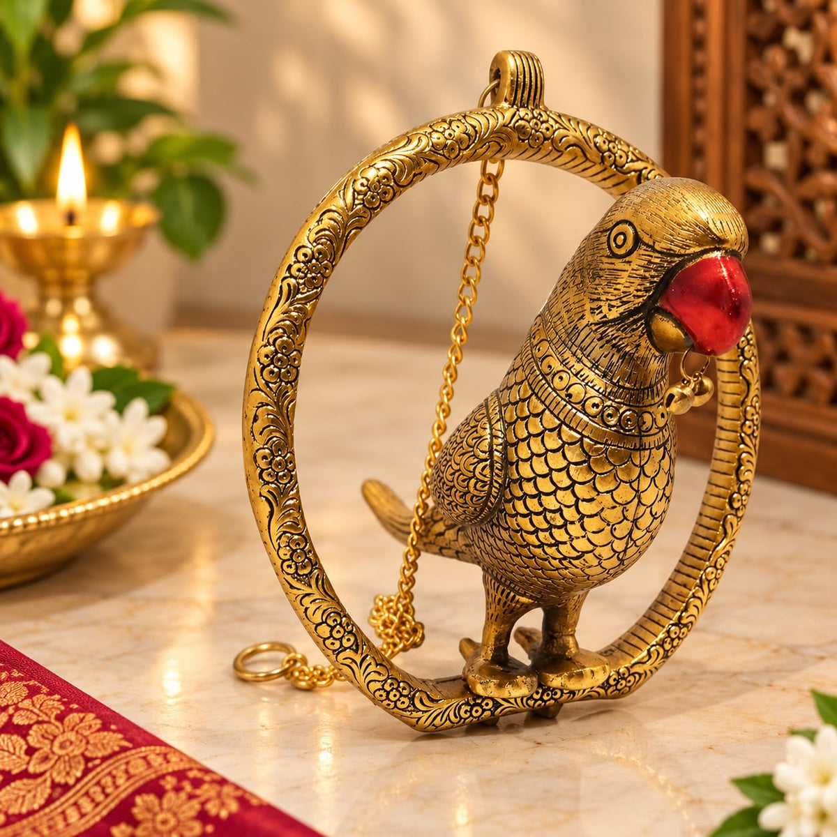 KRIDAY Kraft Gold Parrot Door Hanging, 30 cm Decorative Bird Wall Hanging with Chain for Main Door, Living Room, Office, Covered Balcony, Wedding and Housewarming Gift