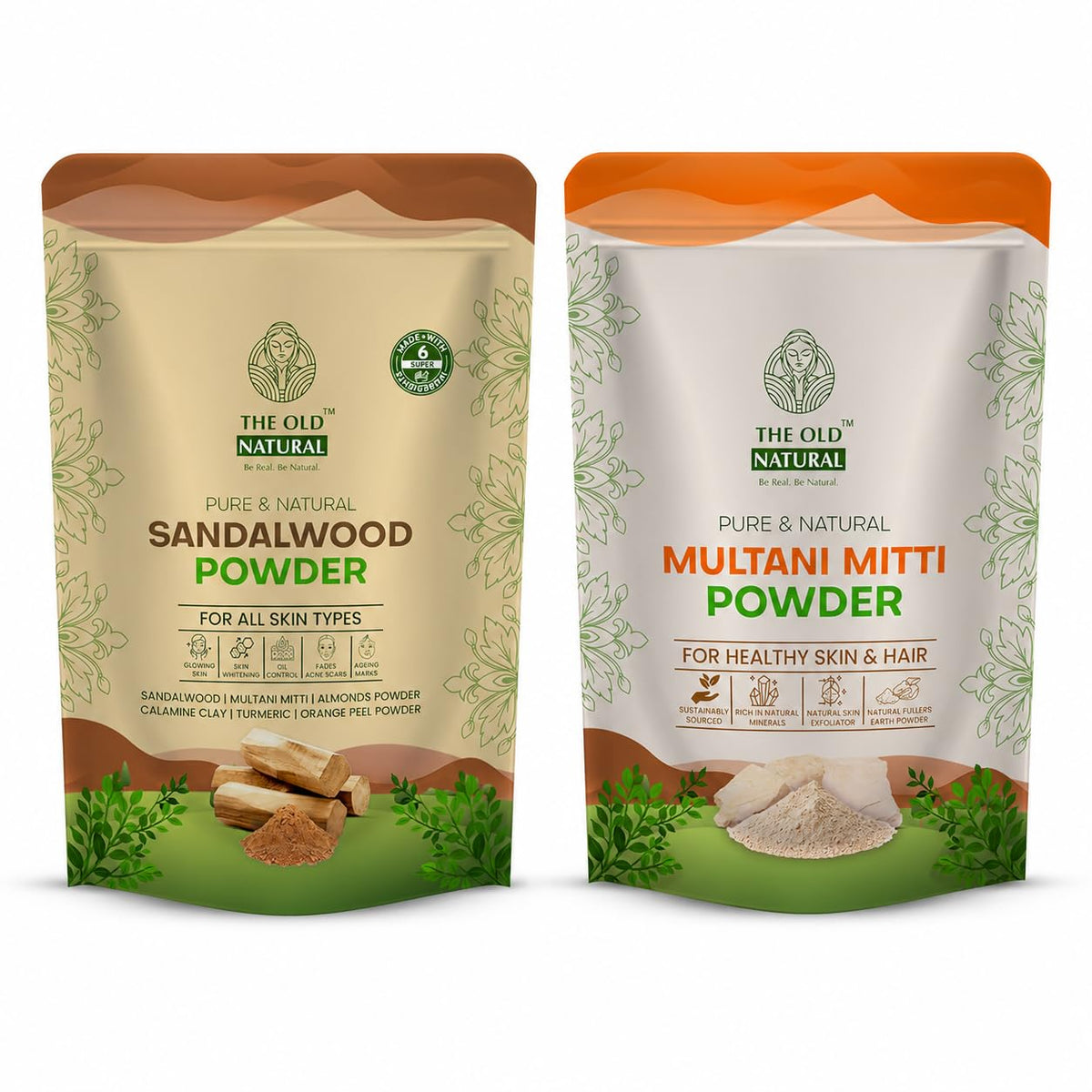 The Old Natural Sandalwood Powder & Multani Mitti Combo (200g Each), 100% Pure & Natural Chandan + Fuller’s Earth, Face Pack for Glowing Skin, Oil Control, Acne Care, Deep Cleansing, Skin & Hair Care
