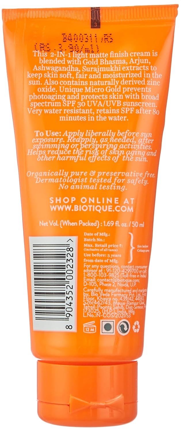 Biotique Sun Shield Micro Gold 30+Spf Matte Cream Sunscreen Ulra Protective Oil Control For Normal Skin, 50Ml, Pack Of 1