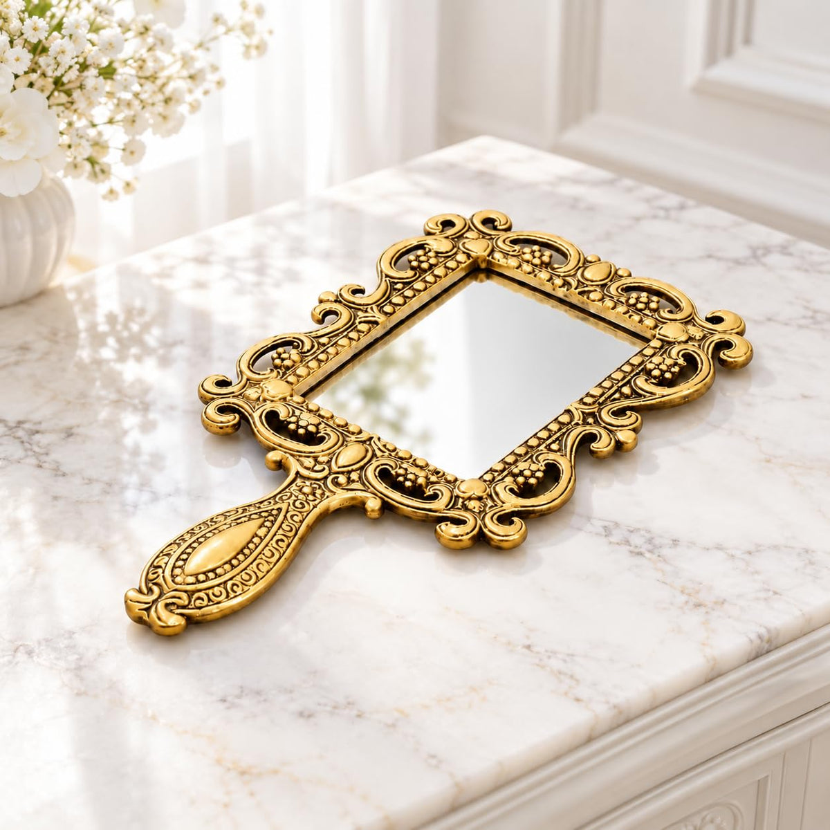 KridayKraft Beautifully Carved Square Shape Gold Plating Metal Hand Mirror for Makeup, Travelling, Salon Mirror & Decorative Antique Item, framed