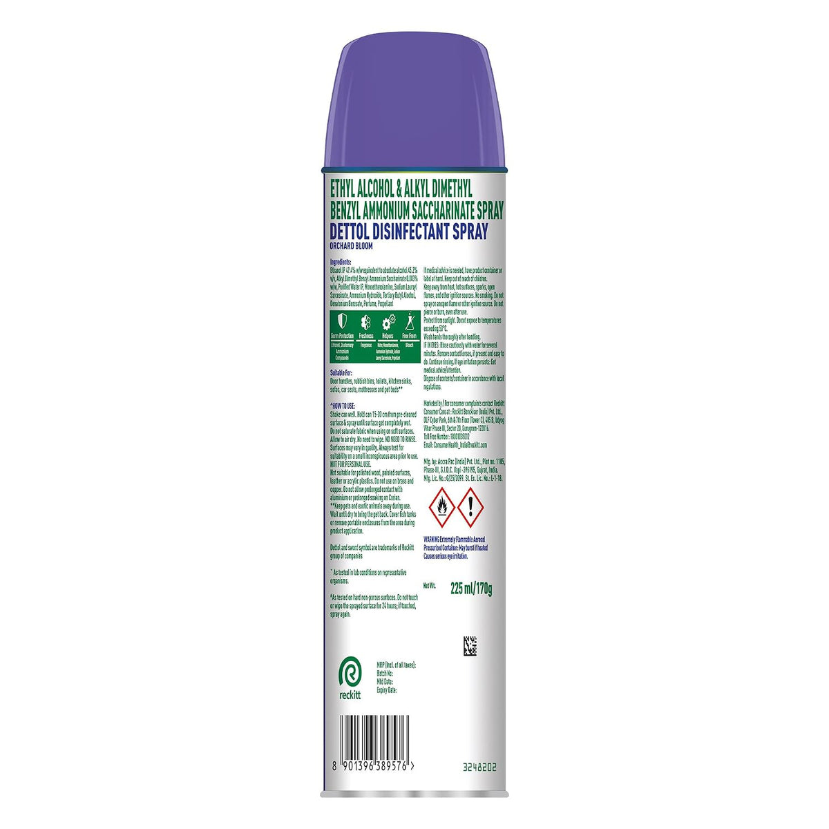 Dettol Multi-Surface Disinfectant Sanitizer Spray Bottle | 24 hours protection| Germ Kill on Hard and Soft Surfaces (Orchard Bloom, 225ml)