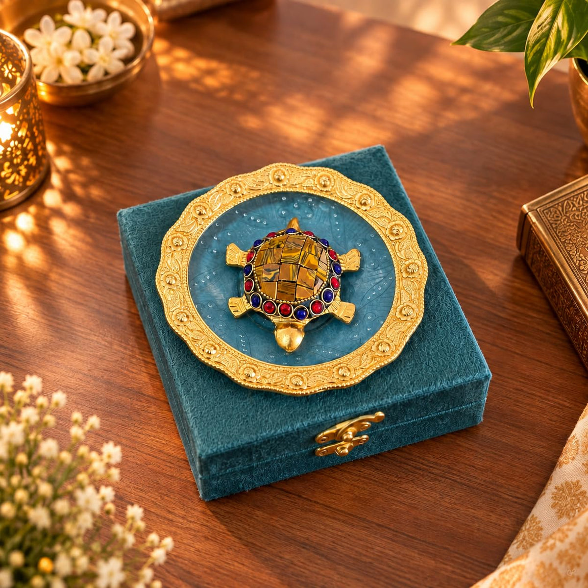 KridayKraft Multicolour Stone-Studded Gold Tortoise Showpiece with 14 cm Designer Tray and Luxury Dark Teal Blue Gift Box, Tabletop Décor for Home, Office, Wedding, Anniversary and Housewarming Gift