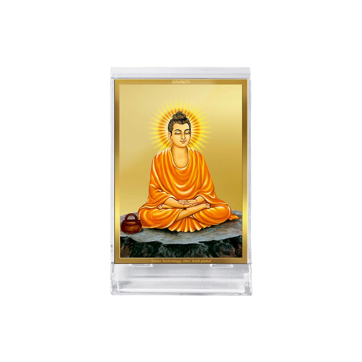 DIVINITI 24K Gold Plated Acrylic Lord Gautam Buddha Spiritual Dashboard Frame | Premium Devotional Gifting Item for Harmony, Peace & Blessings | Luxury Decor for Car, Office & Home | 11 X 7 CM