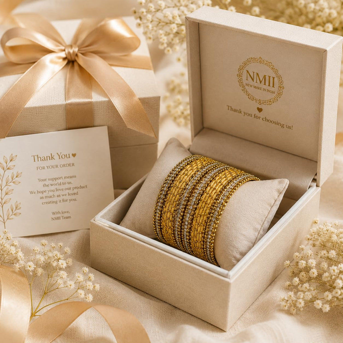 NMII Non-Precious Metal with Base Metal and Zircon Gemstone Studded Ball Chain Linked Glossy Finished Silk thread Bangle set for Women and Girls