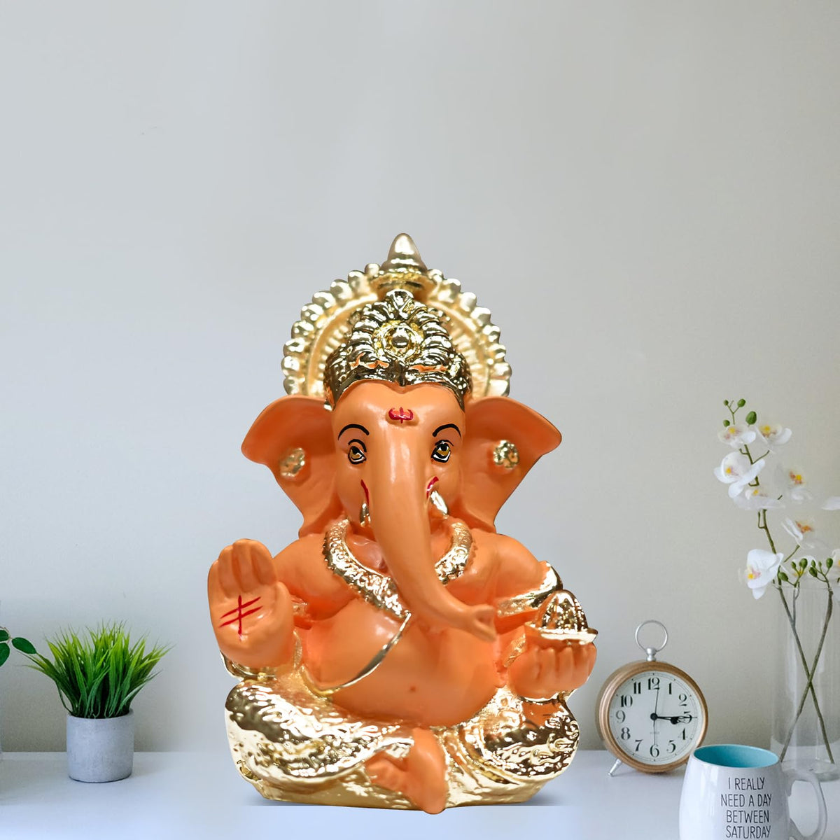 DIVINITI Gold Plated Ganesha Idol with Mango Terracotta Work - 3.5 Inch Height for Home Decor/Office Desk/Puja Room Sculpture, Infusing Positive Energy & Religious Gift (8.89 x 5.08 cm)(Mango Yellow)